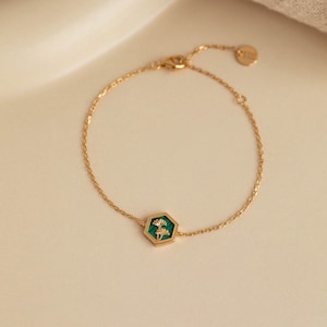 Zierliches Malachit Hexagon Armband -Gingko Blatt Armband -Gold vermeil über 925 Sterling Silber-Einzigartiges Geschenk -Eleganter Schmuck