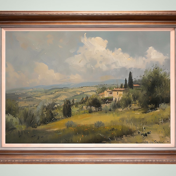 Original Italian Painting: Tuscan Countryside Landscape 1924. Oil on Canvas Artwork. Light Gray & Beige Palette. Precisionist Style.