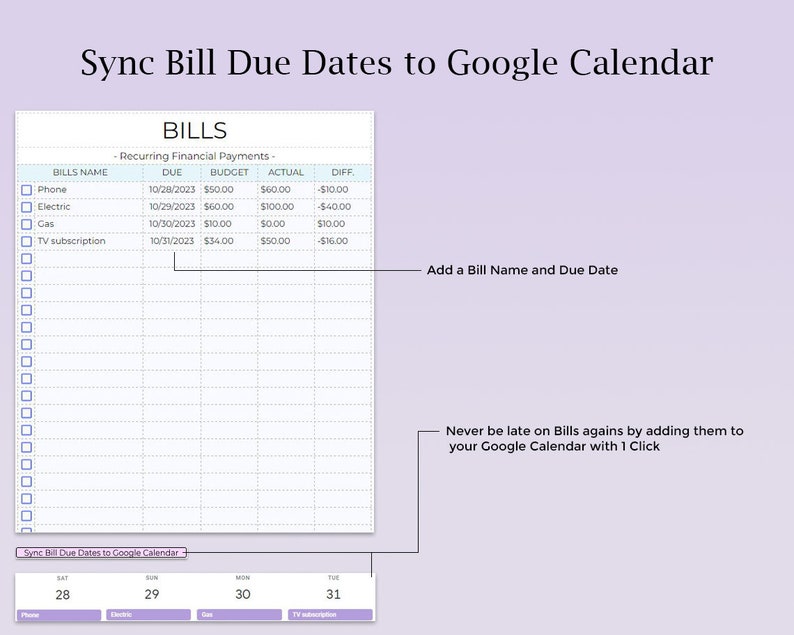 May include: A white and purple table with a grid pattern and the text "Sync Bill Due Dates to Google Calendar". The table has columns for "Bills Name", "Due", "Budget", "Actual", and "Diff.". There is a calendar with the dates 28, 29, 30, and 31. The text "Add a Bill Name and Due Date" is on the right side of the table. The text "Never be late on Bills agains by adding them to your Google Calendar with 1 Click" is below the calendar.