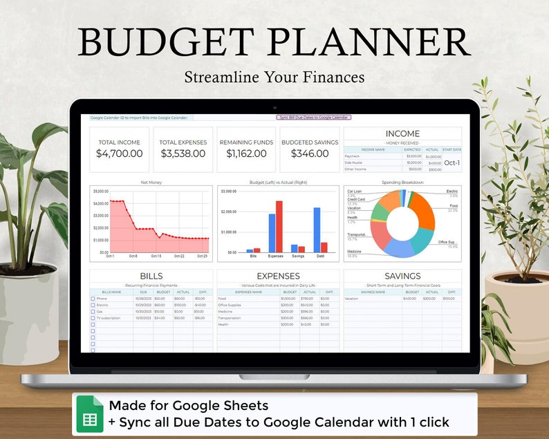 May include: A laptop computer screen displaying a Google Sheets spreadsheet with a budget planner template. The spreadsheet includes sections for income, expenses, bills, savings, and a chart showing net money. The text "BUDGET PLANNER" is at the top of the screen. The text "Streamline Your Finances" is below the title. The text "Made for Google Sheets + Sync all Due Dates to Google Calendar with 1 click" is at the bottom of the screen.