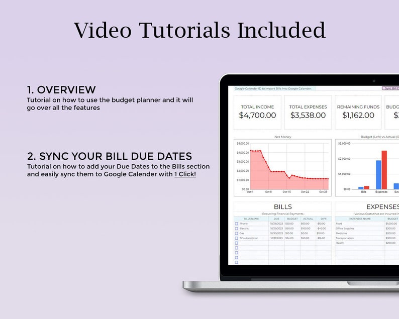 May include: A laptop screen displaying a budget planner with a red and white line graph, a blue and red bar graph, and a table with bill due dates. The text on the screen reads "Total Income $4,700.00", "Total Expenses $3,538.00", "Remaining Funds $1,162.00", "Bills", and "Expenses". The text on the screen also reads "Video Tutorials Included", "1. Overview", "Tutorial on how to use the budget planner and it will go over all the features", "2. Sync Your Bill Due Dates", "Tutorial on how to add your Due Dates to the Bills section and easily sync them to Google Calendar with 1 Click!"