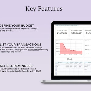 May include: A laptop screen displaying a budgeting app with a red and pink line graph, a blue and red bar graph, and a table with headings for Bills and Expenses. The text on the screen reads "Total Income $4,700.00", "Total Expenses $3,538.00", and "Remaining Funds $1,162.00". The text on the left side of the screen reads "Define Your Budget", "List Your Transactions", and "Set Bill Reminders".