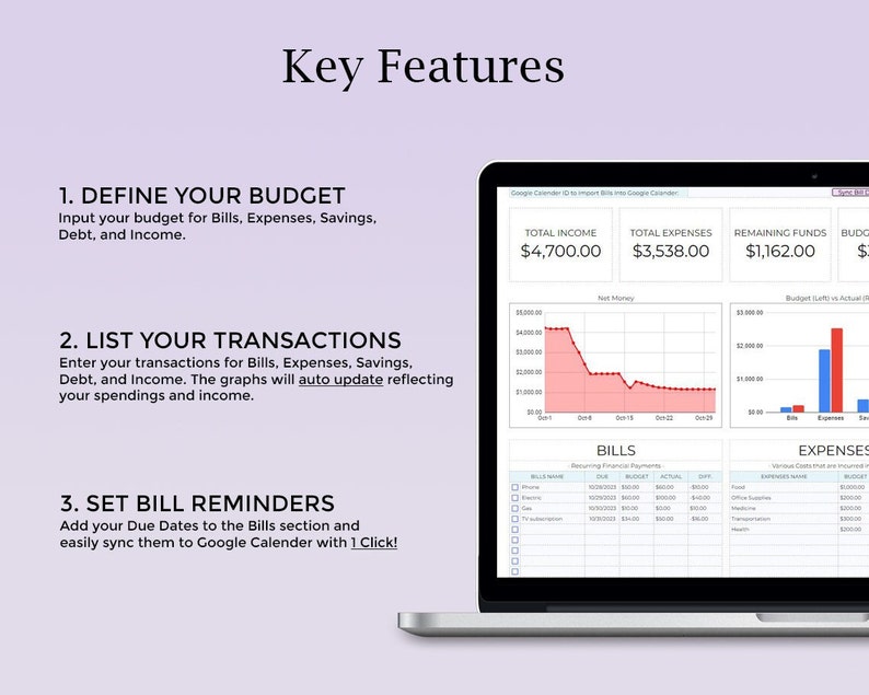 May include: A laptop screen displaying a budgeting app with a red and pink line graph, a blue and red bar graph, and a table with headings for Bills and Expenses. The text on the screen reads "Total Income $4,700.00", "Total Expenses $3,538.00", and "Remaining Funds $1,162.00". The text on the left side of the screen reads "Define Your Budget", "List Your Transactions", and "Set Bill Reminders".