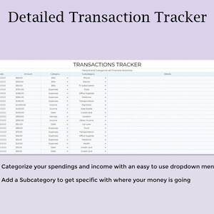 May include: A printable transaction tracker spreadsheet with columns for date, amount, category, subcategory, and details. The spreadsheet is designed to help users track their income and expenses.