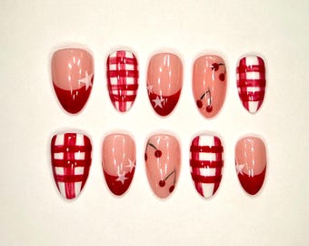 Handmade press on nails set | red, white trendy nails | cute summer nails | gingham plaid cherry nails