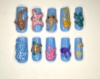 Handmade press on nails set | blue trendy nails | cute summer 3D marine life sea animal nails