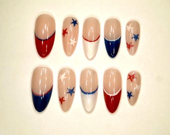 Handmade press on nails set | red, white, blue trendy nails | cute summer nails | 4th of july star nails