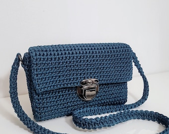 Blue Crocheted Bag: Handmade Polypropylene Cord Clutch