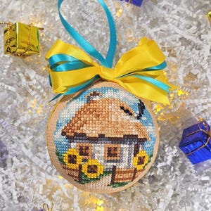 Ukrainian Christmas Ball - Hand-Embroidered Christmas Ornament –  Xmass Decor - Ukrainian Cottage and Sunflower Design