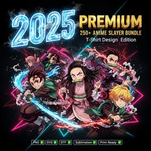 Paquete de más de 250 diseños premium de camisetas de anime de Anime Slayer / Imágenes prediseñadas transparentes de alta calidad / PNG para impresión digital directa (DTF), impresión digital directa (DTG) y sublimación / Descarga digital