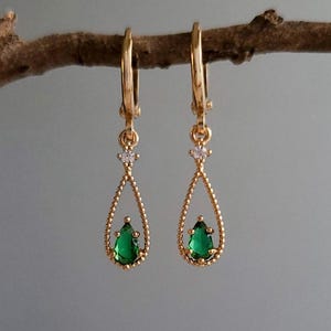 Emerald Green & Crystal Teardrop Jewel Huggie Hoop Earrings,  Gold Plated Earrings, Vintage Style Earrings, Victorian Earrings, Gift for Her
