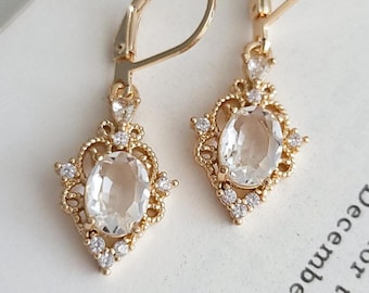 Gold Plated Hook Earrings with Clear Gemstone Charms, Vintage Style Earrings, Cute Dangle Earrings, Filigree Charms