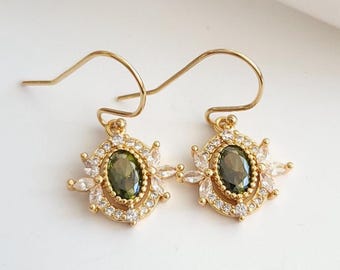 Peridot Filigree Earrings, Vintage Style Earrings, Elegant Earrings, Filigree Charms, Gold Hook Earrings, Gold Huggies, Bridesmaid Earrings