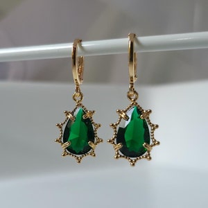 Emerald Green Crystal Teardrop Jewel Huggie Hoop Earrings,  Gold Plated Earrings, Vintage Style Earrings, Victorian Earrings