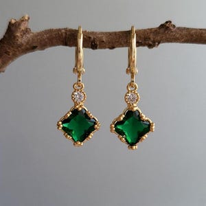 Emerald Green & Crystal Teardrop Jewel Huggie Hoop Earrings, Emerald Hook Earrings,  Gold Plated Earrings, Vintage Style Victorian Earrings