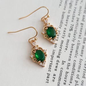 Gold Plated Hook Earrings with Emerald Gemstone Charms, Vintage Style Earrings, Filigree Charms, Emerald Hook Earrings