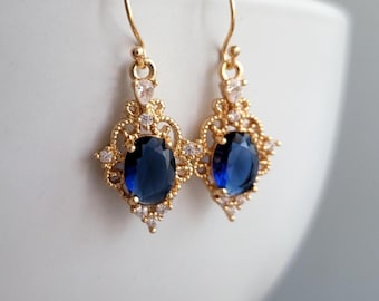 Gold Plated Hook Earrings with Blue Gemstone Charms, Vintage Style Earrings, Cute Dangle Earrings, Filigree Charms, Gold Filled Hooks