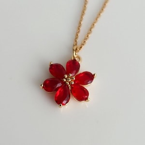 Gold Ruby Red Flower Necklace: Gold Plated Vintage Victorian Style