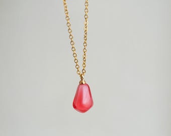Pink Pomegranate Necklace, Resin Pomegranate Necklace, Elegant Necklace, Gift for Her, 18k Gold Plated Fruit Necklace, Stainless Steel Chain