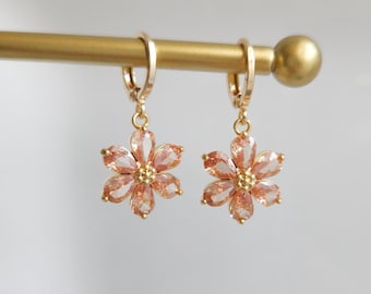 Champagne Flower Jewel Huggie Hoop Earrings, Gold Plated, Vintage Victorian Style