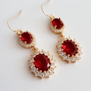 Ruby Red & Crystal Teardrop Hook Earrings, 14k Gold Plated Earrings, Vintage Style Earrings, Victorian Earrings, Wedding, Bridal Earrings