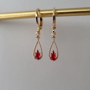 Ruby Red & Crystal Teardrop Teardrop Jewel Huggie Hoop Earrings,  Gold Plated Earrings, Vintage Style Earrings, Victorian Earrings