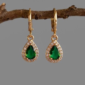 Emerald Green & Crystal Teardrop Teardrop Jewel Huggie Hoop Earrings,  Gold Plated Earrings, Vintage Style Earrings, Victorian Earrings