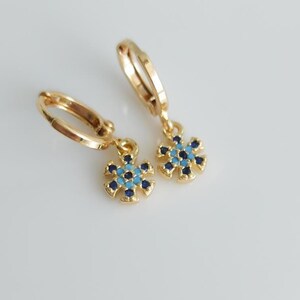 Tiny Turquoise Snowflake Charm Huggie Earrings, 14K Gold Plated Brass, Dainty Blue CZ