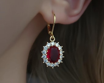 Ruby Red & Crystal Teardrop Jewel Huggie Hoop Earrings, 14k Gold Plated Earrings, Vintage Style Earrings, Victorian Earrings