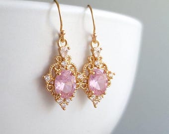 Gold Plated Hook Earrings with Pink Gemstone Charms, Vintage Style Earrings, Cute Dangle Earrings, Filigree Charms, Gift, Gold Filled Hooks