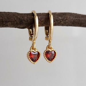 Tiny Dainty Ruby Red Heart Charm Huggie Hoop Earrings,  Gold Plated Earrings, Vintage Style Earrings, Victorian Earrings