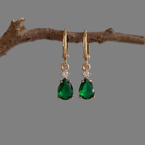 Emerald Green & Crystal Teardrop Jewel Huggie Hoop Earrings, Emerald Hook Earrings,  Gold Plated Earrings, Vintage Style Victorian Earrings