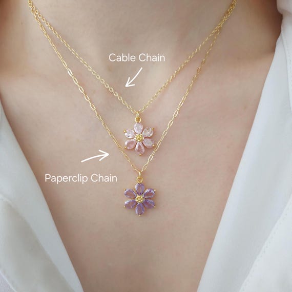 Pink CZ Flower Jewel Necklace, Gold Plated Vintage Style Necklace