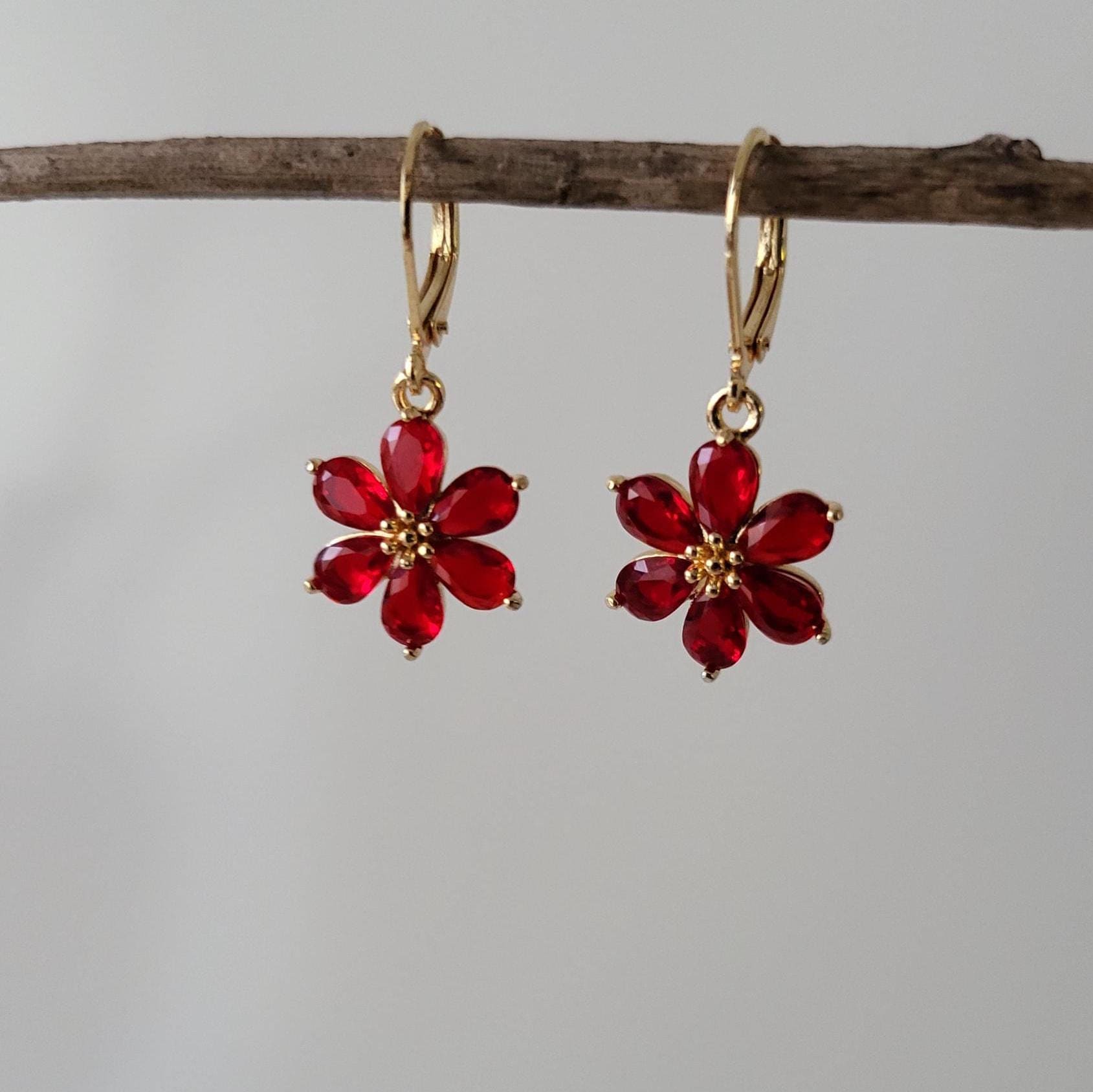 Ruby Red Flower Jewel Huggie Hoop Earrings,  Gold Plated Earrings, Vintage Style Earrings, Victorian Earrings