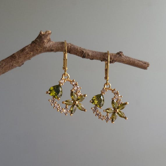 Gold Plated Earrings With Olive Green Gemstone Charms, Vintage