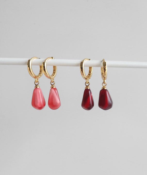 Pomegranate Huggie Hoop Earrings, Resin Pomegranate Earrings, Elegant Earrings, Gift for Her, 18k Gold Plated Earrings, Fruit Earrings
