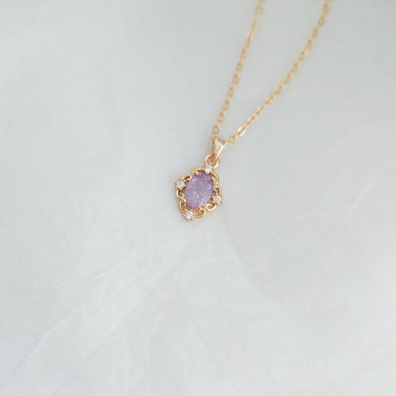 Light Purple Iced Zirconia Vintage Style Necklace, Art Deco Filigree Charm, Gold Plated Brass