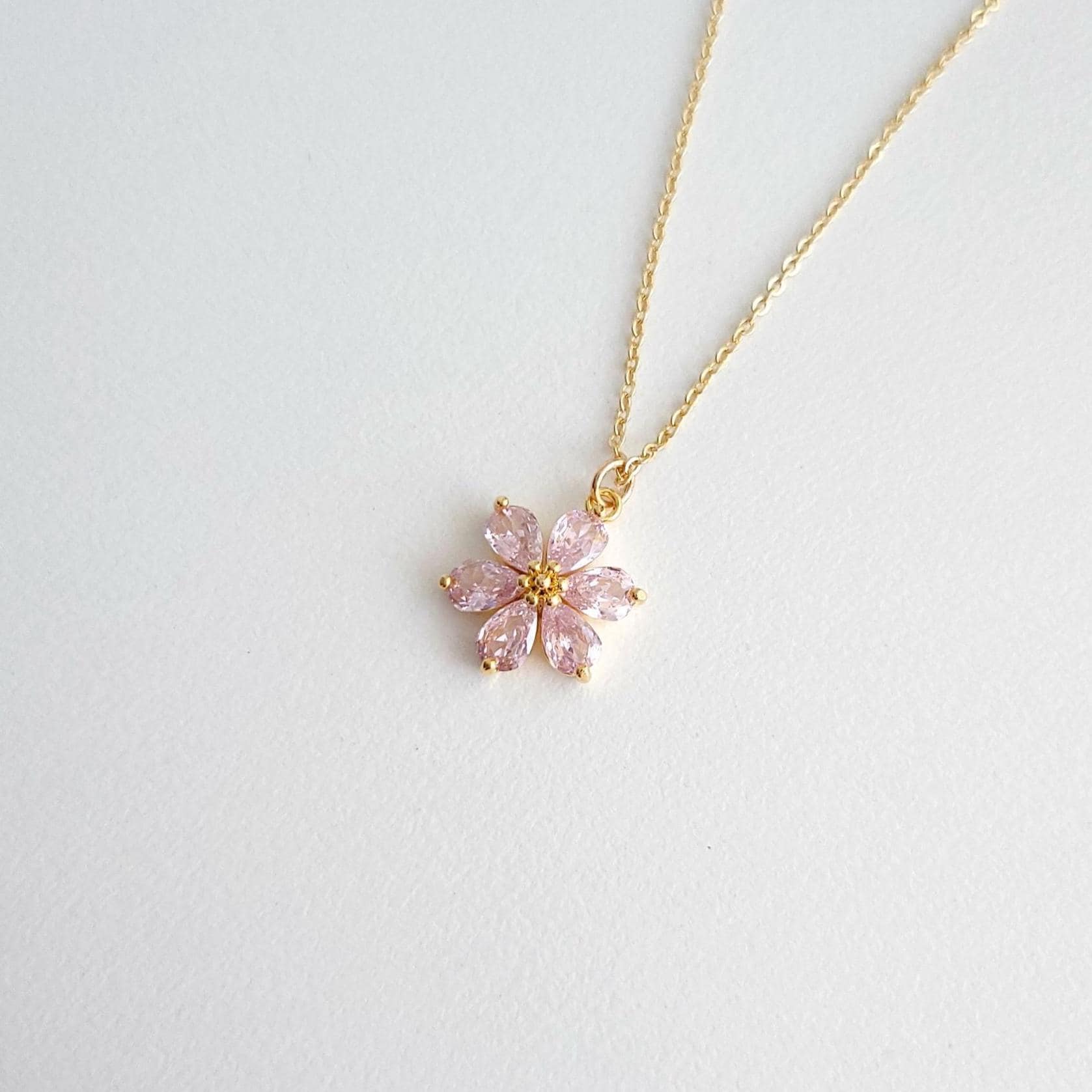 Pink CZ Flower Jewel Necklace, Gold Plated Vintage Style Necklace