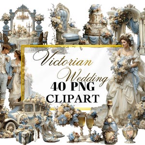May include: A collection of Victorian wedding-themed clipart. The image features a bride and groom, a wedding cake, floral arrangements, and other decorative elements in shades of blue, cream, and gold. Text on the image reads "Victorian Wedding 40 PNG CLIPART."