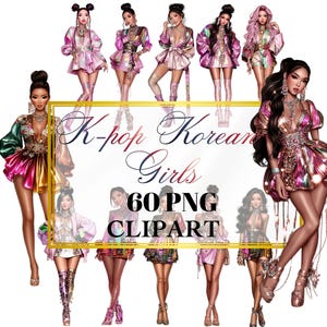Puede incluir: Ilustración digital de K-pop Korean Girls en diversas poses y atuendos. La imagen incluye el texto "K-pop Korean Girls 60 PNG CLIPART" dentro de un marco dorado, mostrando una variedad de ropa colorida y de moda.