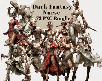 Paquete de imágenes prediseñadas de enfermera de fantasía oscura/ Enfermera espeluznante: 72 ilustraciones PNG imprimibles/Descarga digital