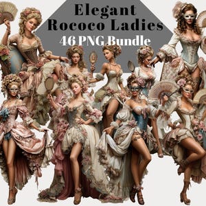 May include: A digital collection of 46 PNG images titled Elegant Rococo Ladies, featuring multiple figures in elaborate historical-style gowns with floral accents, lace details, and handheld fans, presented in various poses against a plain background.