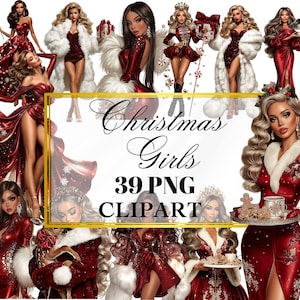 Op de afbeelding: Digitale kunst met meerdere illustraties van vrouwen in feestelijke rode en witte outfits. De afbeelding bevat de tekst "Christmas Girls 39 PNG CLIPART" in een gouden kader, perfect voor digitale projecten met een feestthema.