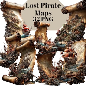 Lost Pirate Map  Clipart Set | 32 Fantasy Scroll PNGs (Digital Download)