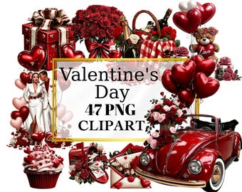 Ensemble de cliparts romantiques pour la Saint-Valentin | Concept d'amour | 47 oeuvres d'art imprimables en PNG | Téléchargement numérique