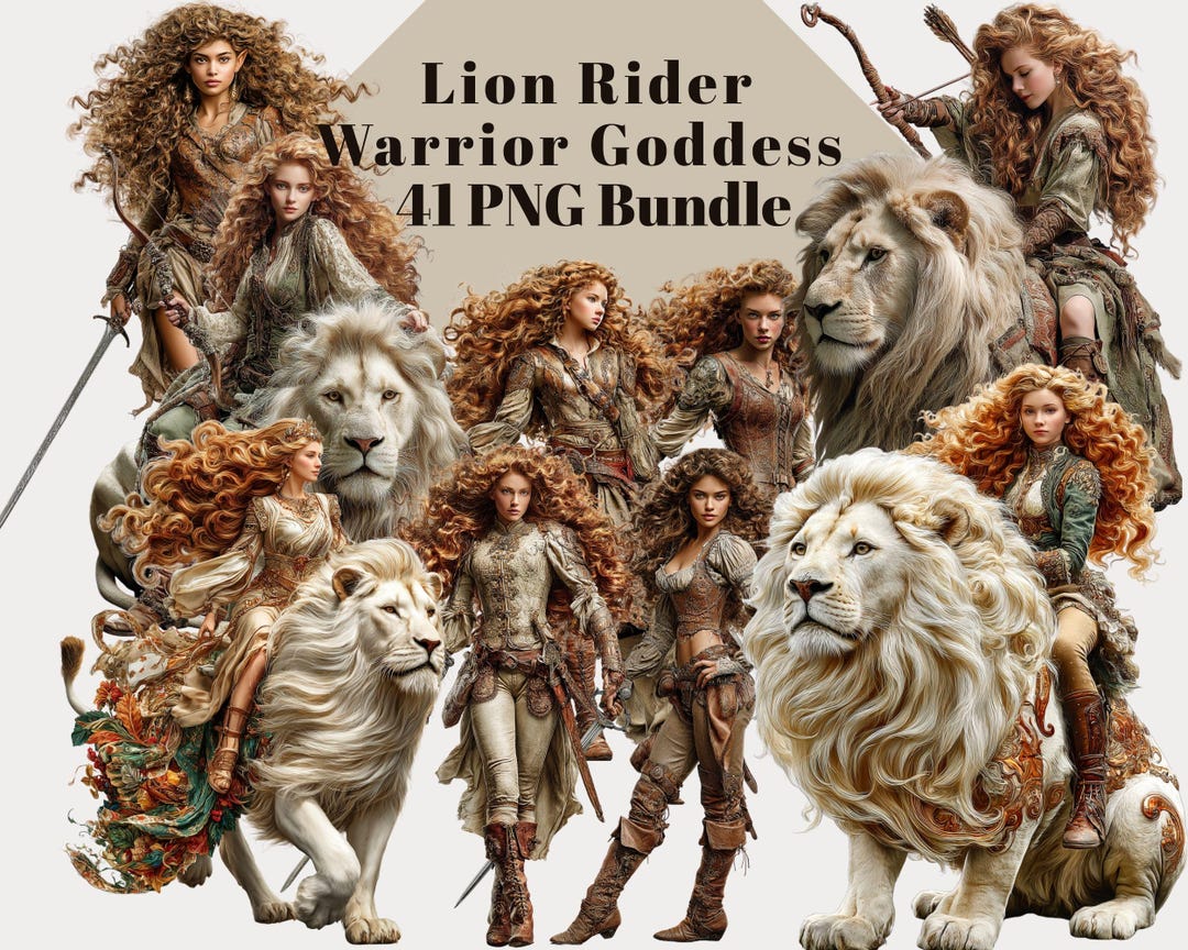 Lion Rider Warrior Goddess Clipart Bundle |41 PNG Mythical Female ...