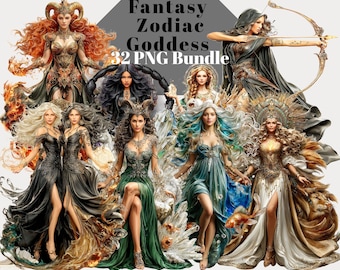 May include: A digital collection of 32 PNG files titled Fantasy Zodiac Goddess, featuring various female figures in elaborate attire. The illustrations include characters with flowing hair, ornate gowns, and symbolic elements like bows, fire, and animals.