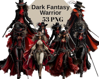 Ensemble de cliparts femme guerrière Dark Fantasy | 53 oeuvres d'art imprimables en PNG Gothique victorien | Téléchargement numérique