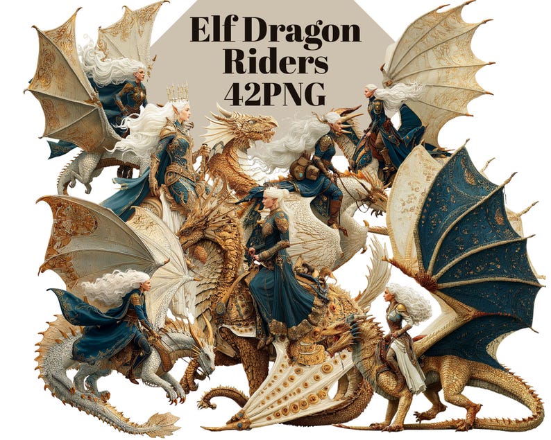 Elf Dragon Riders Clipart Set | Mythical Dragon & Warrior 42 Printable ...