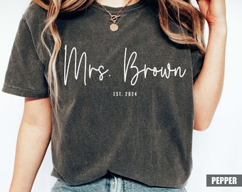 Custom Comfort Colors® Custom Mrs Name Shirt With Dates On Sleeve, Personalized Future Mrs Tee, Bride Outfit, Bachelorette Party Clothing